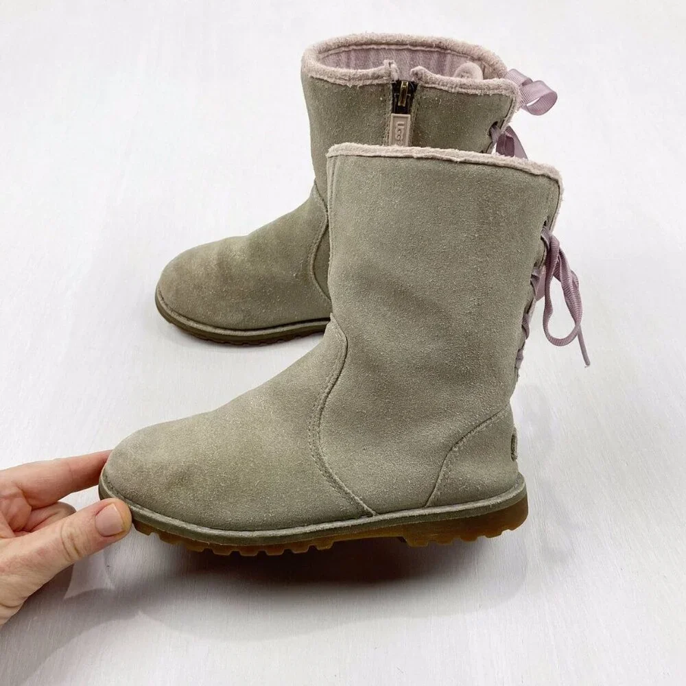 UGG Corene Metallic Suede Lace-up Boots in Gold 11 (Kids)